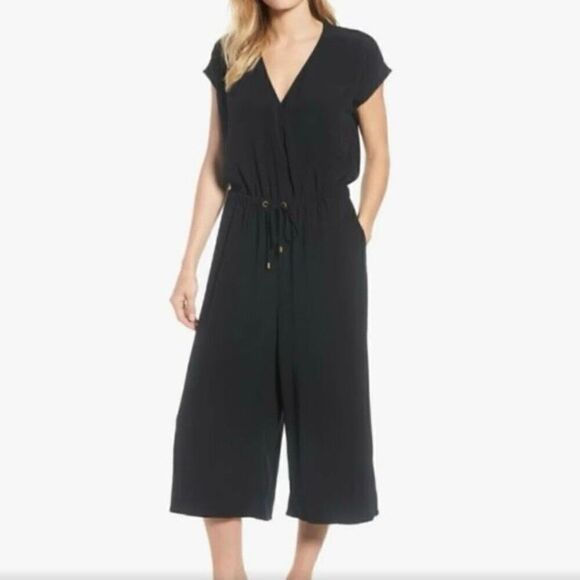 Eileen Fisher Black V-Neck Cropped Wide Leg Jumpsuit Size Extra Small Petite - Picture 1 of 6